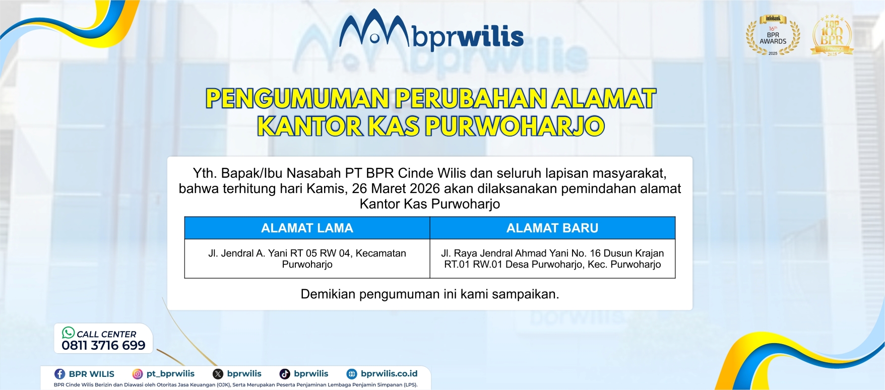 Pengumuman Pindah Kantor Kas Purwoharjo