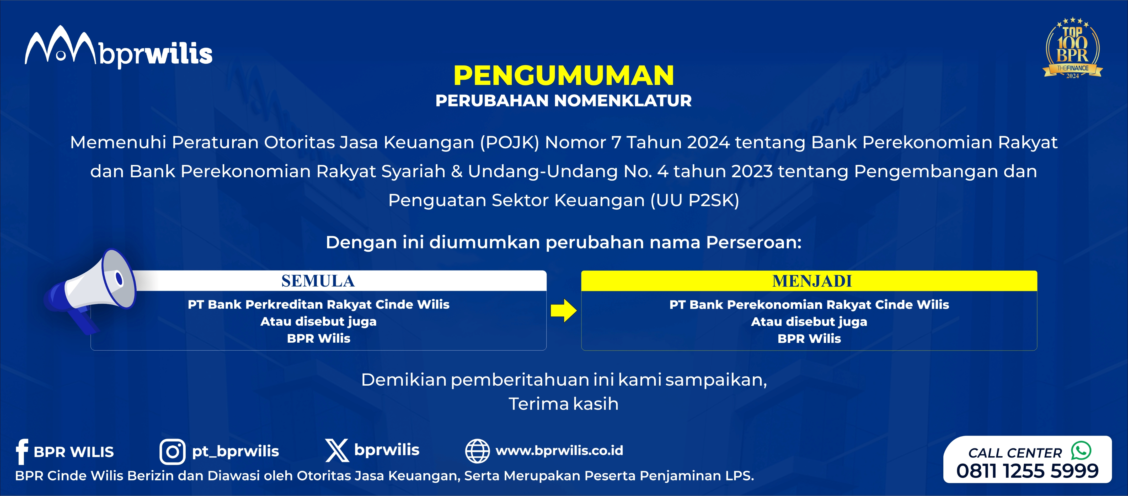 Pengumuman Perubahan Nama Perseroan BPR Cinde Wilis