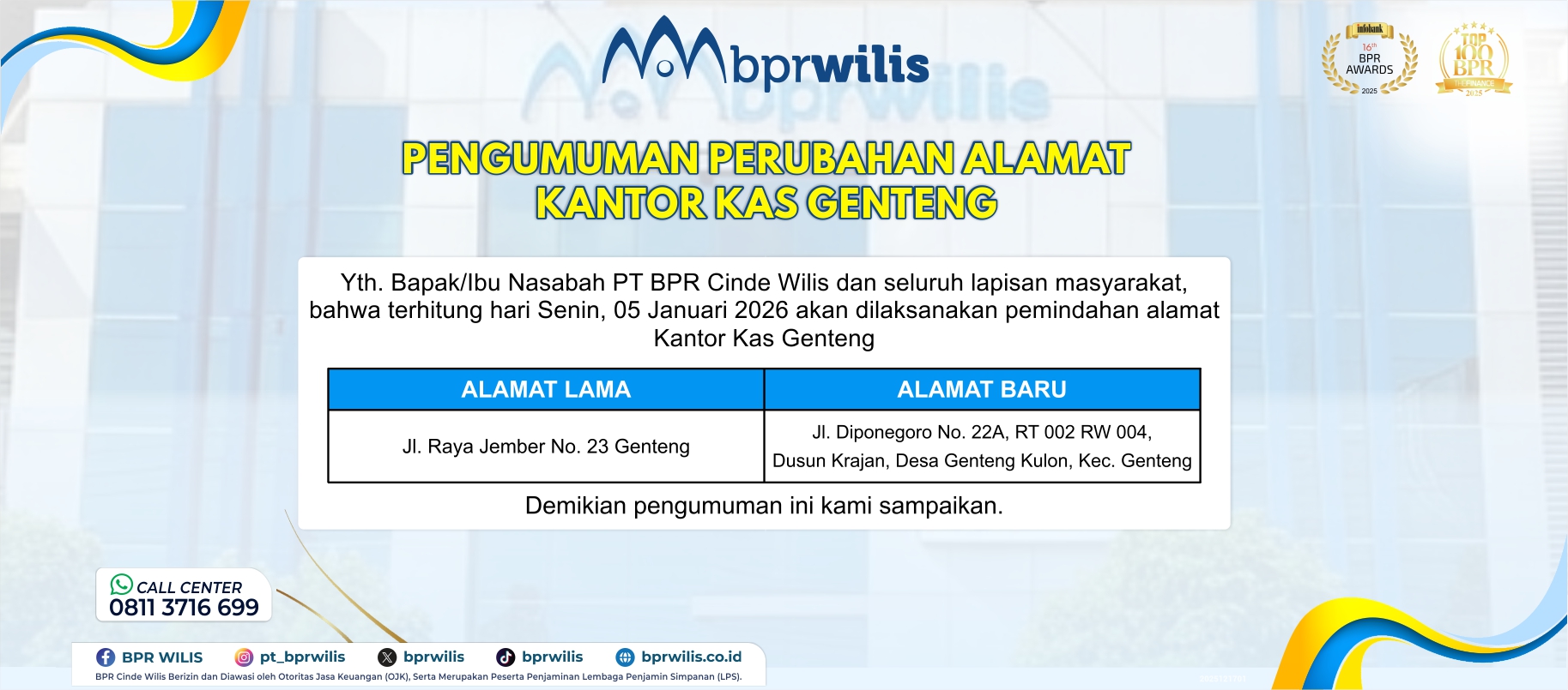 Pengumuman Pindah Kantor Kas Genteng