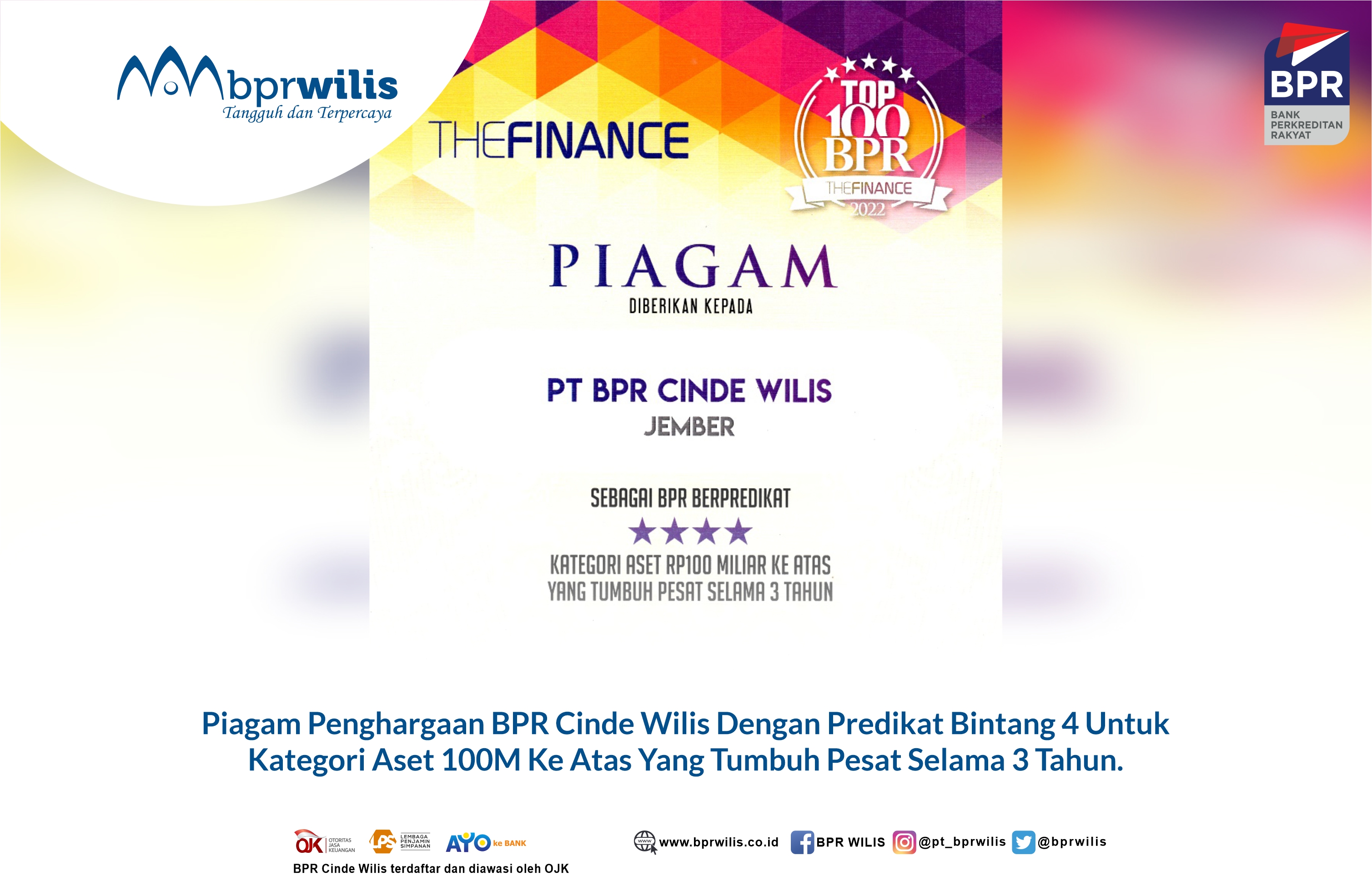 Piagam Penghargaan BPR Cinde Wilis TOP 100 BPR Versi The Finance 2022